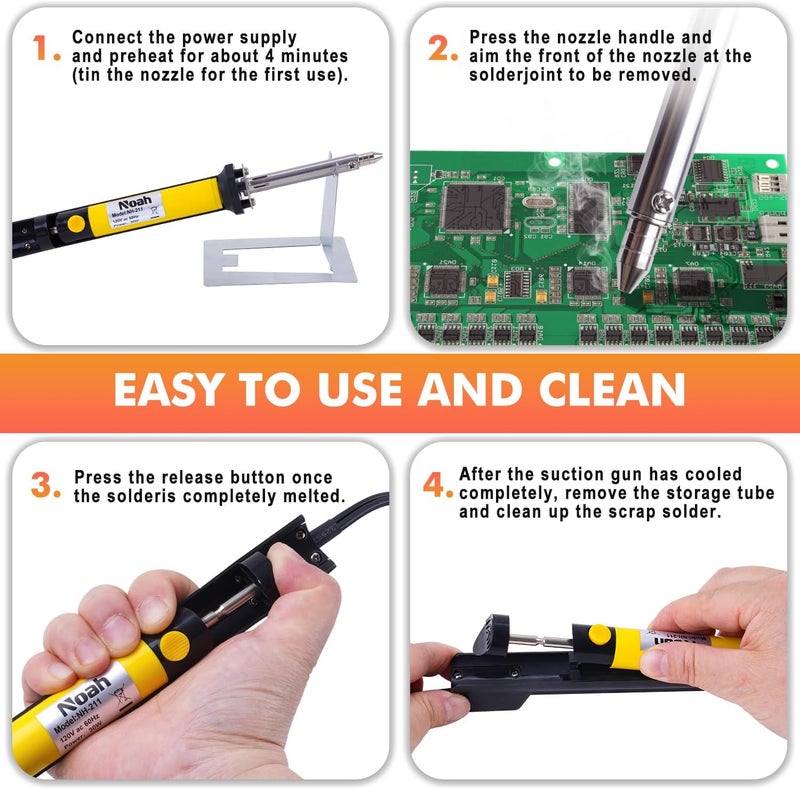 Noah مكواة لحام وفك لحام 2 في 1، مضخة فك اللحام، أداة فك اللحام المحمولة لإزالة اللحام بدقة، سوداء - Image 3